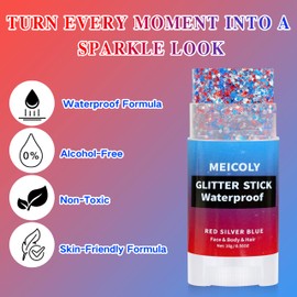 MEICOLY Red White and Blue Face Body Glitter Stick,Hair Glitter Stick for Kids and Women,Sparkle Patriotic Pride Chunky Glitter Makeup for Memorial Day,4th of July Accessories Outfits for Women