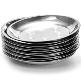 WUWEOT 10 Pack Stainless Steel Dinner Plates, 10" Round Kitchen Metal Dish Plates, Rust-Proof Camping Serving Plates for BBQ, Snack, Salad, Appetizer, Fruit, Cookies
