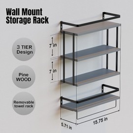 RICHER HOUSE 3+1 Tier Wall Mounted Floating Shelves Set of 2, Rustic Wood Wall Shelf with Metal Frame, Extra Storage Rack for Bathroom, Kitchen, Bedroom with Tissue Rack & Towel Bar - Grey