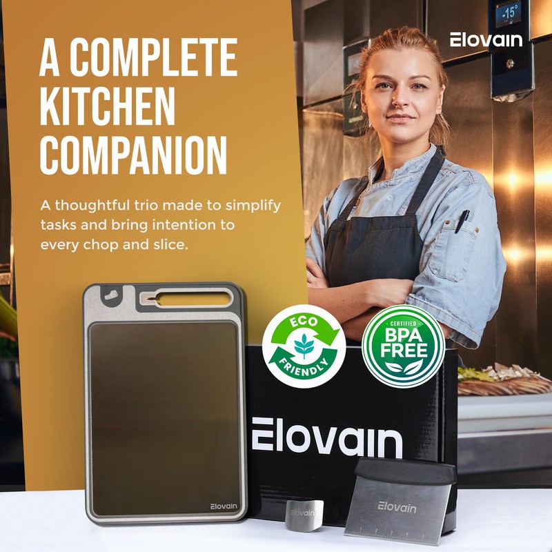 Elovain Dual-Sided Stainless Steel Cutting Board with Knife Sharpener –