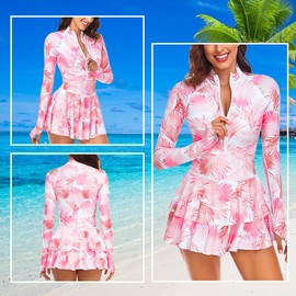 AUTOWT Traje de Baño de Una Pieza para Mujer, Cuello Alto Manga Larga Protección contra Erupciones con Orificios para los Pulgares, Traje de Baño con Cremallera y Control de Abdomen para Surfear