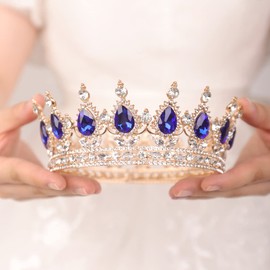 Wekicici Corona de reina de cristal, tiara de boda, vintage, redonda, azul, lágrima de cristal, diadema de diamantes de imitación, accesorios para el cabello para mujeres, novia, graduación, cumpleaños, fiesta (azul)