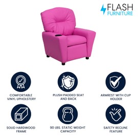 Flash Furniture Chandler Vinyl Kids Recliner with Cup Holder and Safety Recline, Contemporary Reclining Chair for Kids, Supports up to 90 lbs., Hot Pink