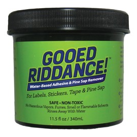 Gooed Riddance: Safe & Non-Toxic Adhesive and Pine Sap Remover/Cleaner. Removes Sticker, Label and Tape adhesives, and Pine sap and Tar. Water-Based, Cleans up and rinses Away with Water.