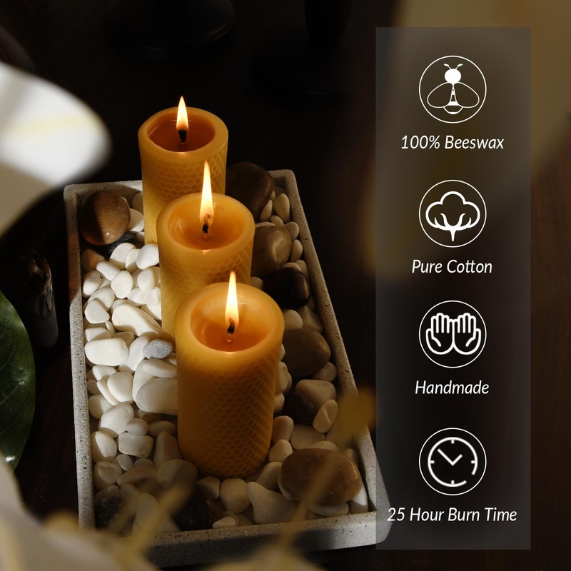 Pure Natural Beeswax Pillar Candles - Pack of 3 -