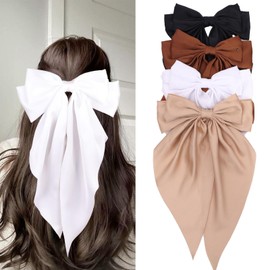 Kesfey 4 Hair Bows for Women Big Bow Hair Clips for Girls Neutral Color Silky Satin Oversized Long Tail Large Hair Clips Cute Aesthetic Hair Accessories