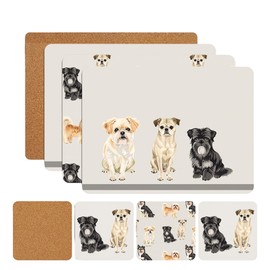 Placemats and Coasters Set – 8-Piece (4+4) Heat-Resistant, Waterproof, Non-Slip Cork Table Mats for Dining, Kitchen, and Outdoor Use – Easy to Clean- Adorned with charming dog style