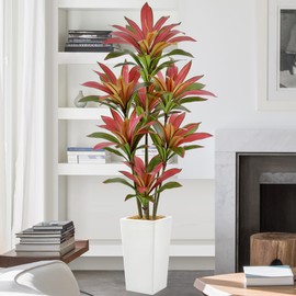 Roselywed Artificial Red Dracaena Tree 6FT with 114 Leaves & 7 Heads & White Tall Planter Cover with Coconut Fiber Tall Faux Tropical Silk Bicolor Plant 72 Inch for Indoor Home Office Porch Mall Decor