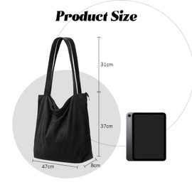 MHDUYEG Cord Bag Shopper Bag Women, Women's Large Capacity Cord Carry Bag, Fabric Bag Women, Fabric Bag with Zip, Large Shoulder Bag Women (Black/Thick), black