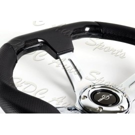 W-Power 13.5" Pearl Black Wood Grip 6-Hole Chrome 3-Spoke Vintage Steering Wheel