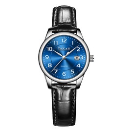 Taxau Womens Leather Watch Ladies Watches with Date Waterproof DressWatches for Women Blue Dial Analog Quartz Elegant Female Small Wrist Watch Large Number Black Strap Reloj para Mujer