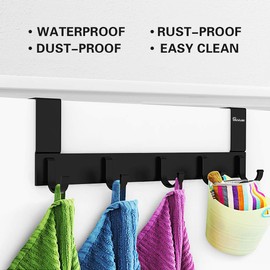 Anjuer Over the Door Coat Clothes Hanger Rack 5 Hooks for Bedroom Bathroom Kitchen Door, Towels Hats Robes Keys Handbags Hooks Accessories, Aluminum Alloy Black