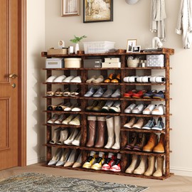 HOMEFORT 7-Tier Wood Shoe Rack, Double Rows Shoe Shelf, Shoe Storage Stand, Entryway Shoe Tower, Vertical Shoe Organizer for Narrow Closet, Entryway, Hallway, Rustic Brown