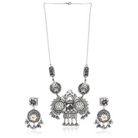 I Jewels Womens German Oxidised Indian Wedding Bollywood Jewellery Antique Long Necklace Set With Earrings (Mc096Ox) Silver
