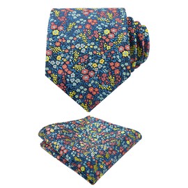 Alizeal Mens 3.15inches Floral Tie with Flower Printed Handkerchief Colorful Tie Set, Peacock Blue+Coral+Yellow
