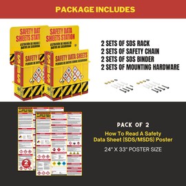Performore SDS Binder Display Kit with 3 Inch Heavy Duty Ring Binder, Wire Rack, SDS Station Sign, Chain, Mounting Hardware, SDS Poster, Safety Data Sheet Binder Holder - 2 Pack