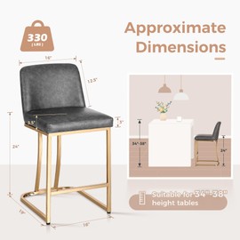 MAISON ARTS Counter Height Bar Stools with Back for Kitchen Counter, 24 Inch Modern Upholstered Faux Leather Barstools Farmhouse Bar Chairs Luxury Island Stools Support 330LBS, Grey & Gold