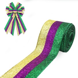 ALIBBON Mardi Gras Fabric Ribbon 2.5 Inch x 10 Yards Wired Edge Ribbons Glitter Yellow Purple Green Ribbon Stripe Ribbon for Wreaths Carnival Masquerade DIY Crafting Gifts Wrapping Party Decoration