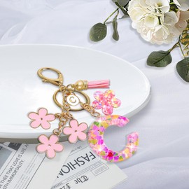 Jusen Resin Alphabet Initial Letter Keychain Tassel Flower Pendant Key Ring for Purse Handbag Car Keys (C-pink)