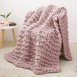 Mooreeke Chunky Knit Blanket 50"x60" Pink Soft Washable Chenille Throw Blanket Cozy 100% Handmade Crochet Blankets with Jumbo Chenille Yarn for Couch Bed Sofa Room Decor
