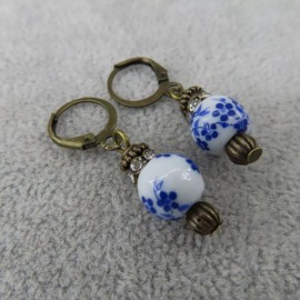 Pemby Studio CHINOISERIE Porcelain Bead Dangle Earrings Antique Bronze Tone Blue White 10mm