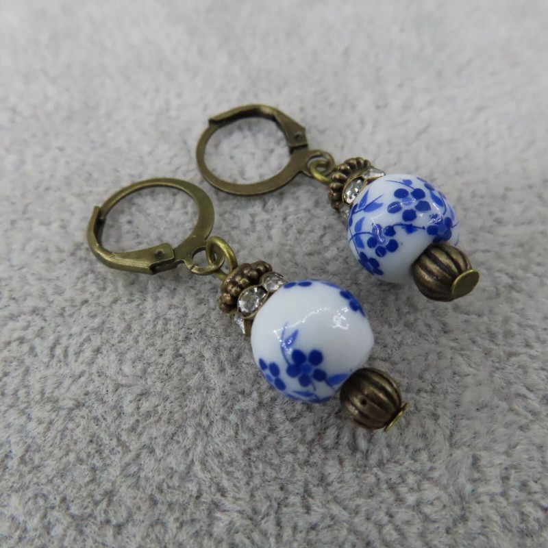 Pemby Studio CHINOISERIE Porcelain Bead Dangle Earrings Antique Bronze Tone