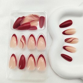 Red French Tip Press on Nails Almond Fake Nails Medium Acrylic Nails Press ons Red Lines Artificial Full Cover Glossy Stick Glue on Nails for Women 24 Pcs