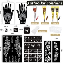 Kit de plantillas temporales para tatuajes, 4 conos de tatuaje de 3 colores (2 negros, 1 granate y 1 rojo cereza) con guantes y pincel, diseños de arte corporal DIY para pintar la piel, ideal