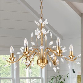 efperfect 6-Light Crystal Chandeliers for Dining RoomRoom，Branch Shaped Gold Flush Mount Ceiling Light，Light Fixtures for Bedroom Hallway Kitchen Dining Room Foyer