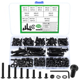 232 Piece M6 Screws Set, Allen Screws Nuts Set, Pan Head Screws Assortment with Washers Set, Machine Screws Black Round Head Screws, Threaded Screws Set