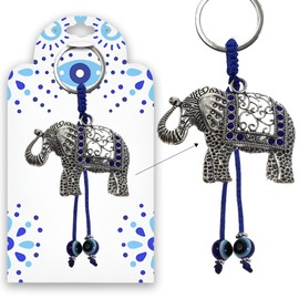 LUCKBOOSTIUM Elephant Charm Keychain w/Blue Crystal and Hanging Evil Eye - Sign of Good Luck and Protection - Home Keys, Purse, Bags and Rear View Mirror Accessories - Gift for Men & Women