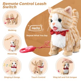 Pattern Yellow Leash Walking Cat Set Interactive Talking Cat Singing Dancing Kitten Mimicking Repeat What You Say Kitty Touch and Voice Control Nodding Wagging Tail Plush Electric Kitty for Kid Girl