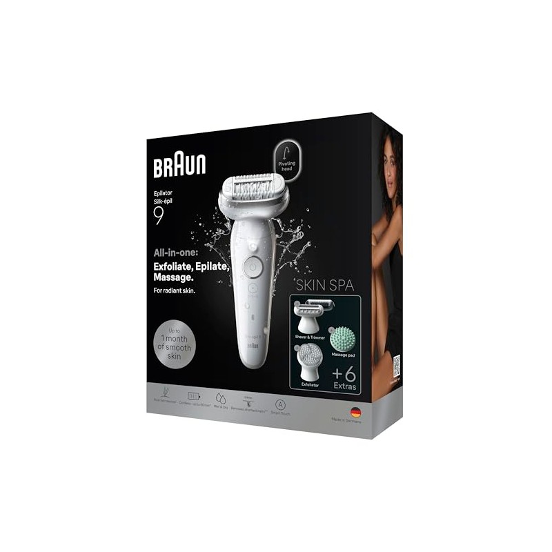 Braun Silk-épil 9 SkinSpa Epilator, Wet & Dry, 9-080, Silver
