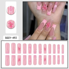 Long Square Press on Nails Pink French Tip Fake Nails 3D Flowers Water Ripple False Nails Designs Full Cover Gradient Acrylic Nails Artificial Stick on Nails for Women Manicure Art 24 Pcs