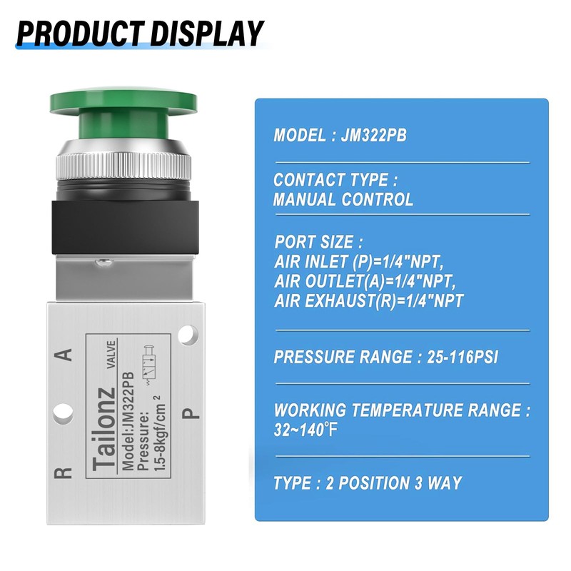 TAILONZ PNEUMATIC Green 1/4”NPT Manual Control type Mushroom Push Button