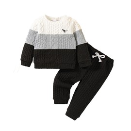 VEGGIEDOT Newborn Baby Boy 6 9 12 Months Fall Winter Infant Boy Clothes Color-Blocked Black Pullover Sweatshirt Pant Sets Outfits for Boys