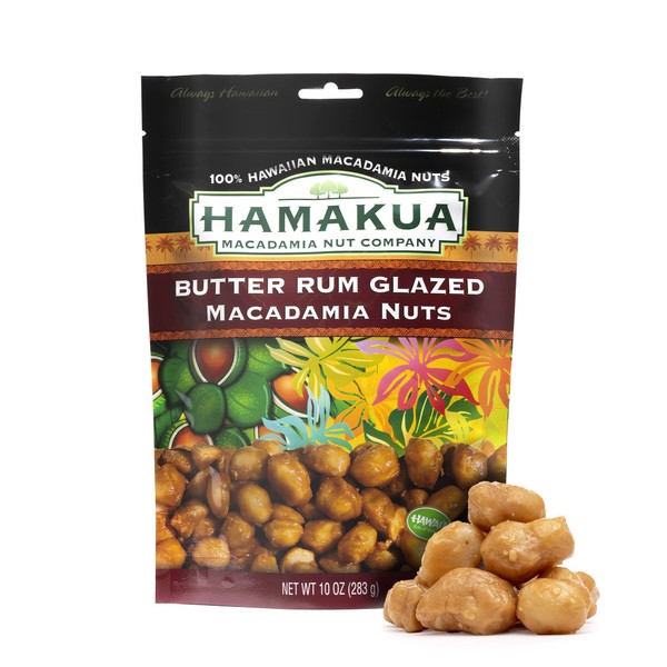 Hamakua - Nueces de macadamia - Ron mantequilla glaseada dulce - Macadamias semitanas y enteras cultivadas en hawaiano - Nueces de macadamia grandes naturales y ecológicas