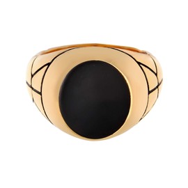 Kuzzoi 0607822220 Men's Signet Ring Oval Black Enamel Ring Solid (13 mm) in Gold-Plated 925 Sterling Silver Ring Golden Black Oxidised Ring for Men in Ring Size 54 - 66, Sterling Silver