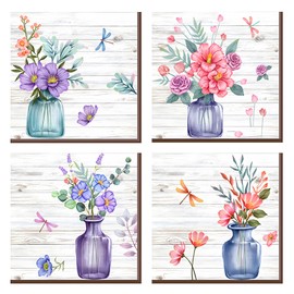 Buiory 4Pcs Flowers Vases Wall Decor Bathroom Colorful Flower Picture Wall Art Stickers Simulation Photo Frame Vases Decals for Home Office Decorations