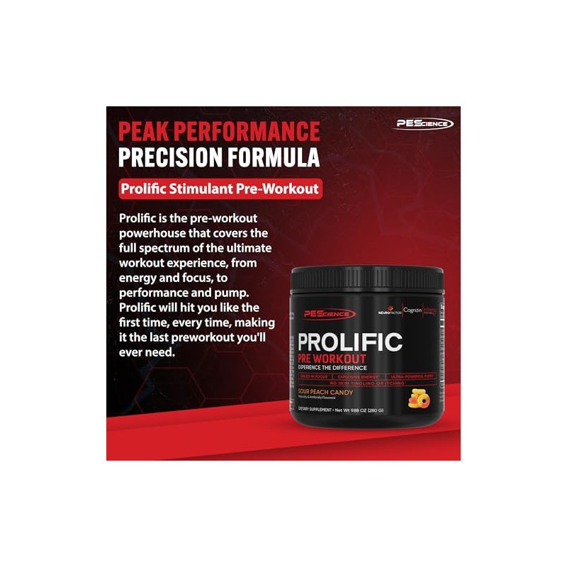 PEScience Prolific - Polvo para preentrenamiento, caramelo de melocotón ácido,