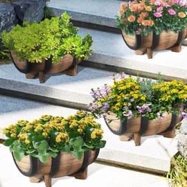 YI 2 Pack Rustic Half Barrel Planters, 16.34x11.81x7.28 Inches Plastic Weather Resistant Plant Flower Pot Indoor & Outdoor Garden Planter