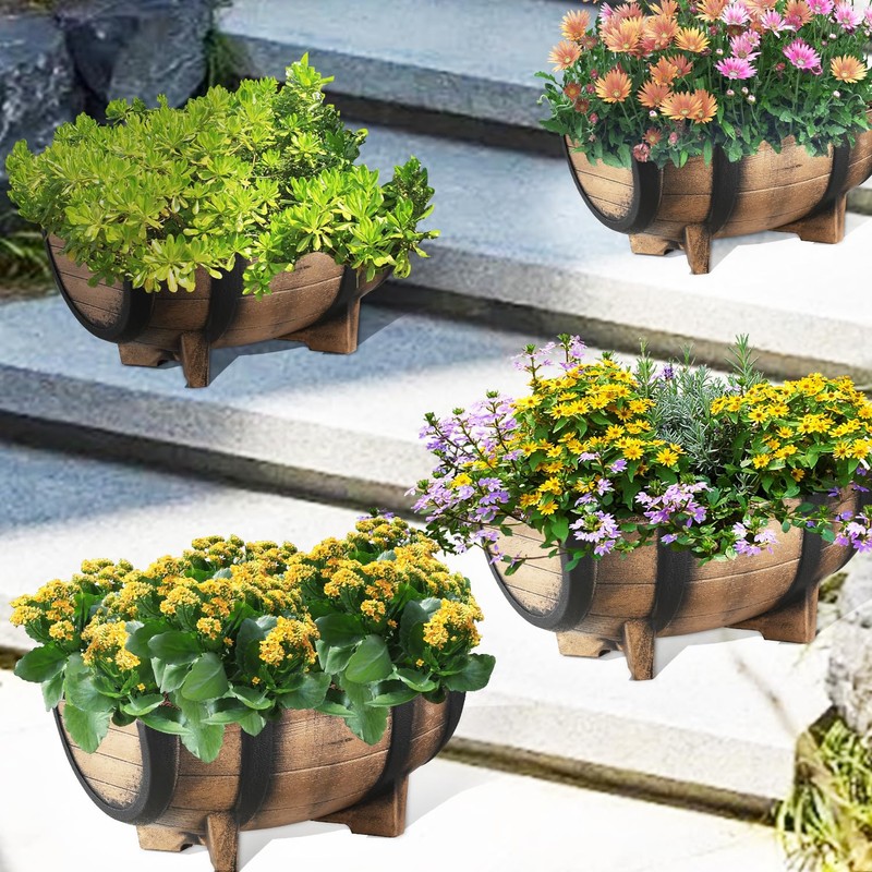 YI 2 Pack Rustic Half Barrel Planters, 16.34x11.81x7.28 Inches Plastic