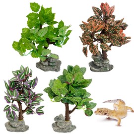 PINVNBY 4 PCS Reptile Fake Plants for Terrarium Reptile Plants with Base Amphibian Habitat Decor Bearded Dragon Tank Accessories for Crested Gecko Leopard Lizard Chameleon