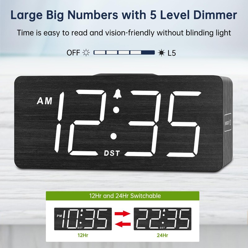 DreamSky Wooden Digital Alarm Clock with Wireless Charging for Bedroom,