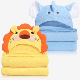 Hooded Baby Towels, Super Soft Baby Bath Towels with Hood, 2 PCS Cute 50" x 32" Kids Bath Towels for Boys, Girls, Newborn Essentials, Coral Fleece Kids Towel with Hood, Blue & Yellow