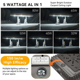 LED Canopy Lights Outdoor, 5Power 32/40/50/65/80W & 6CCT 3000/3500/4000/5000/5700/6500K Adjustable All in 1, Easy to Install, IP65 Waterproof, Super Bright Commercial Lights for Gas Stations (B1Pack)