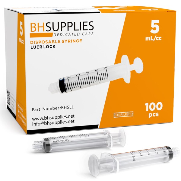 BH Supplies 5mL Luer Lock Tip Syringes (No Needle) - Sterile, Individually Wrapped - 100 Syringes