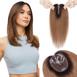 Hairro 100% Human Hair Topper without Bangs Middle Part/Side Part, Real Clip in Hair Hairpieces for Women, 3.94"x4.72" Silk Base for Thinning Hair/Hair Loss/High Hairline