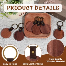 Ecally 48 Pcs Wooden Keychain Blanks Leather Strap Wood Keychain Blanks Round Wood Keyring with for DIY Employee Coworker Gift Craft