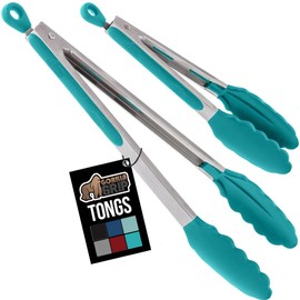GORILLA GRIP Stainless Steel Heat Resistant Kitchen Tongs for Cooking, Set of 2 BBQ Tong, Non Scratch Silicone Tip for Pans, Strong Grip, Grab Food, Salad, Air Fryer, Pull Lock, 7 + 9 Inch, Turquoise